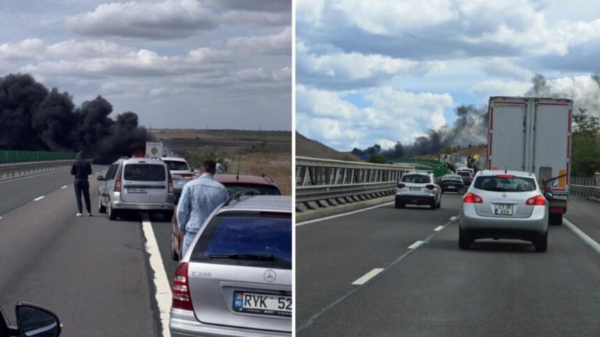 trafic paralizat pe a2 dupa ce un tir incarcat cu granule de plastic a fost cuprins de flacari 68d6b88ee51c3